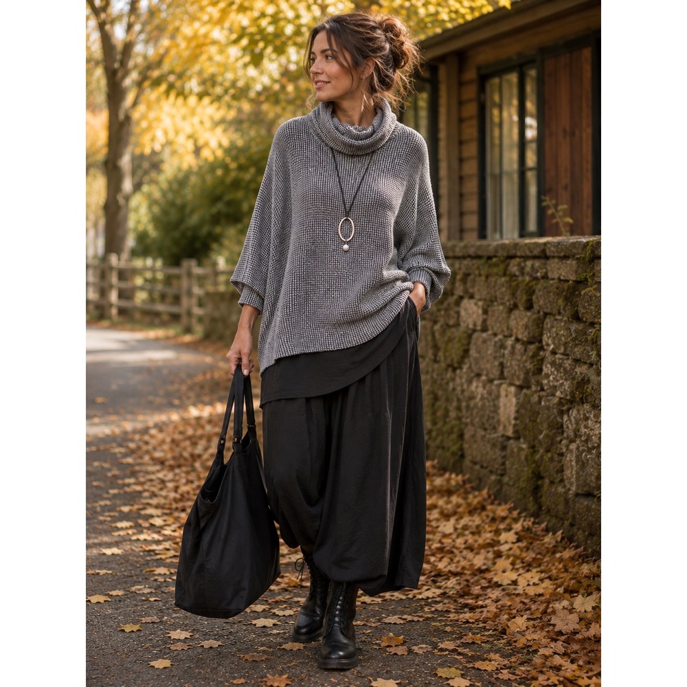 Korye Womens Oversized Black White Cowl Neck Batwing Sweater XL Lagenlook Modest